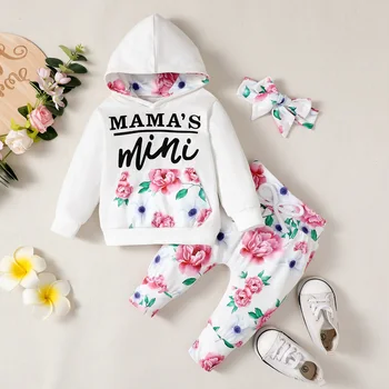 0-2 בן הנולד בנות אביב סתיו לבן עם כובע עם שרוולים ארוכים צמרות פרח מודפס מכנסיים אופנה חליפה
