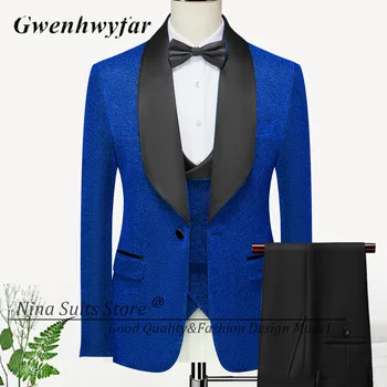 G&N 2023 השחור החדש דש כחול רויאל סילבר נצנצים חליפת טוקסידו לגברים 3 חלקים יחיד עם חזה מסיבת חתונה זמרת תחפושת
